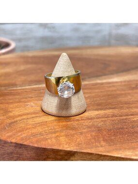 💍 Vintage ESPO 14KT Gold Filled Signed Wide Band CZ Solitaire Ring Size 5.5